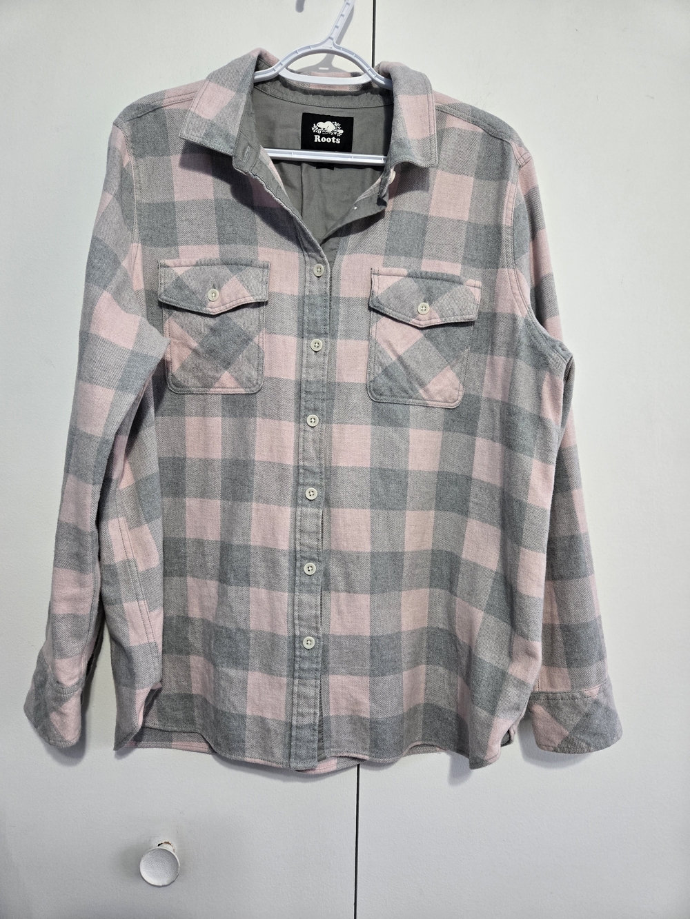 Roots Buffalo Plaid Flannel Shirt Womens XL Pink Gray Button Up Cotton